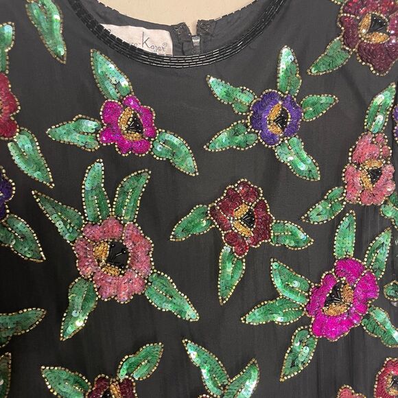 NWT VTG Laurence Kazar Multi-Color SILK sequins beaded blouse top size small - Picture 2 of 6